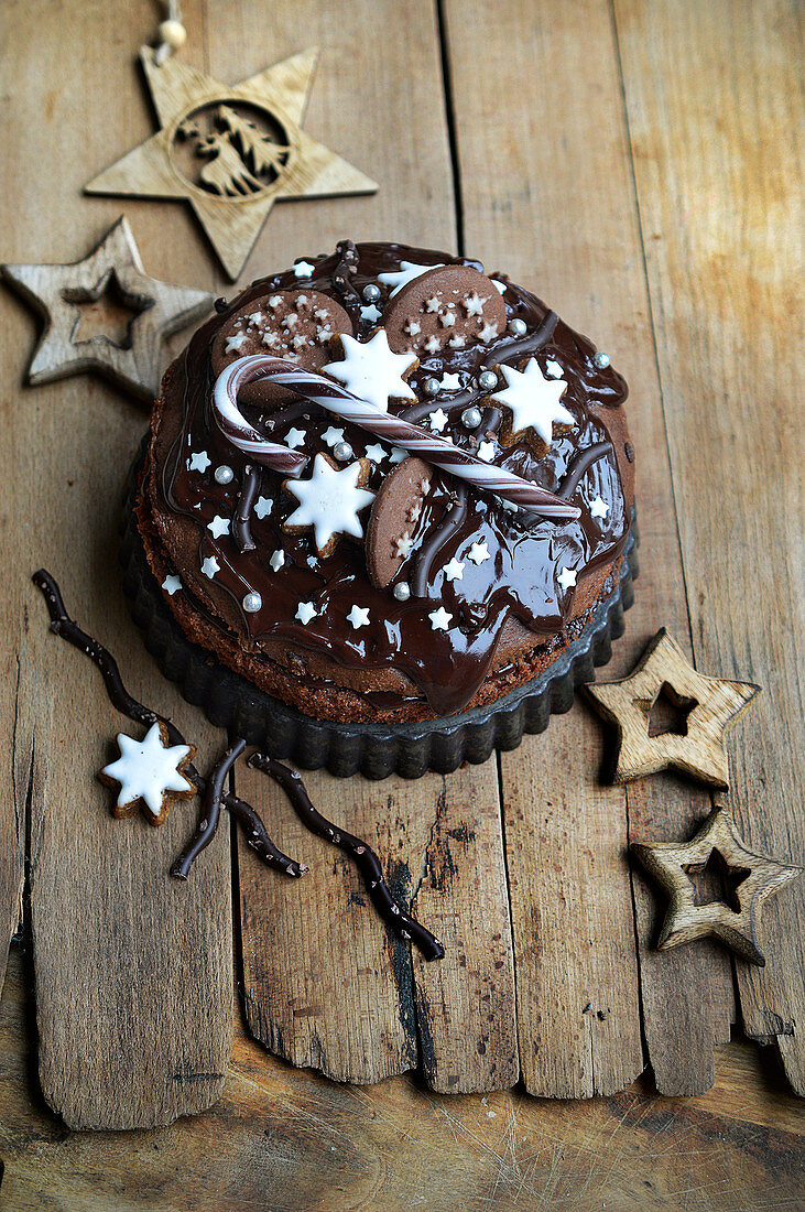 Christmas chocolate cake decorated with stars and a candy cane