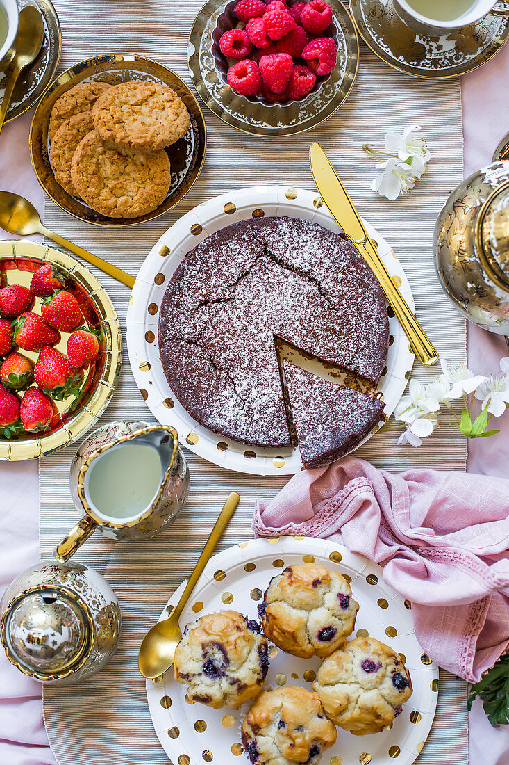 Teatime: Schokoladenkuchen, Heidelbeermuffins und frisches Obst