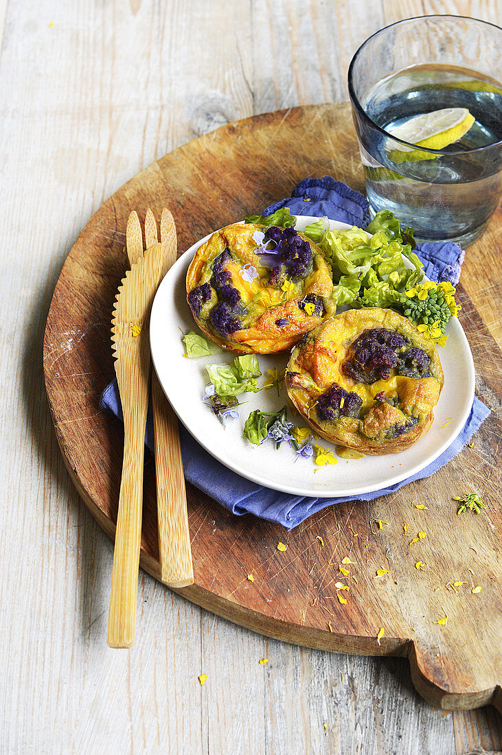 Flan with purple cauliflower and turmeric