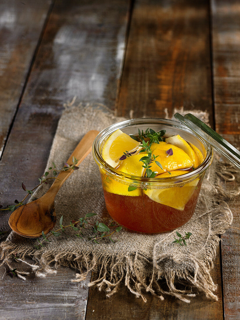 Honey syrup with lemons and thyme