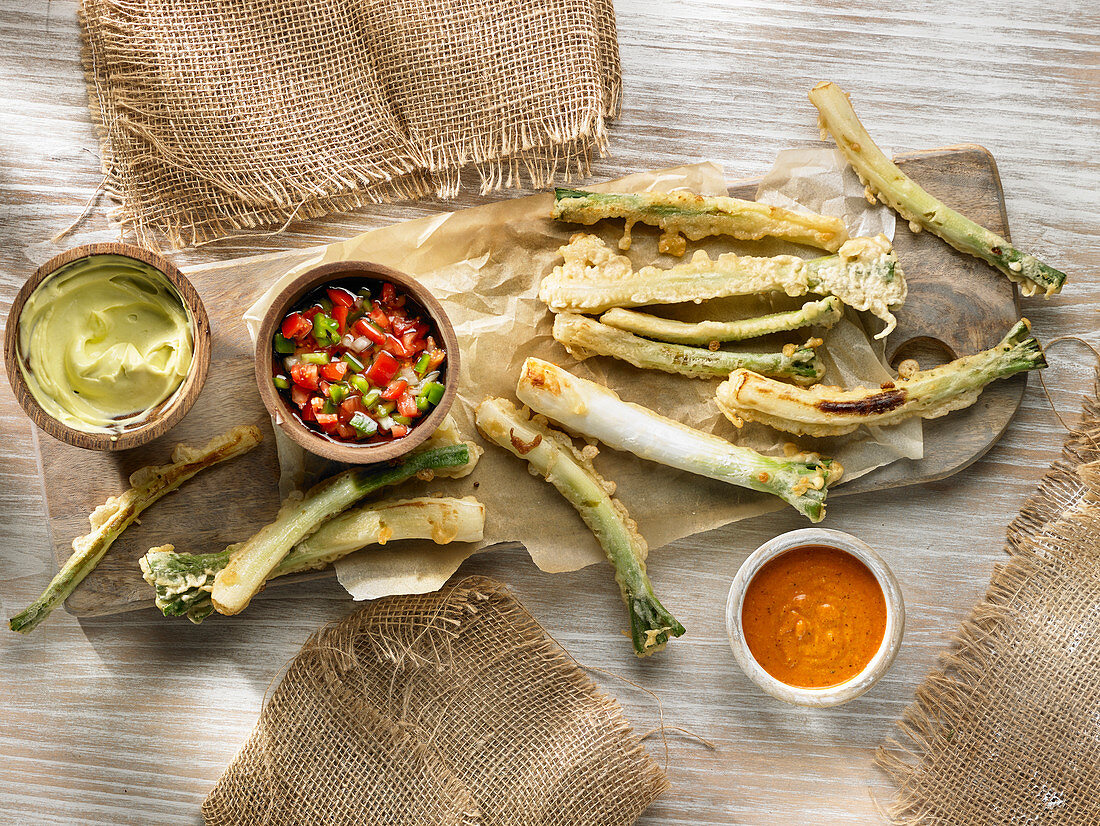 Spring onion tempura with wasabi, pico de gallo and romesco