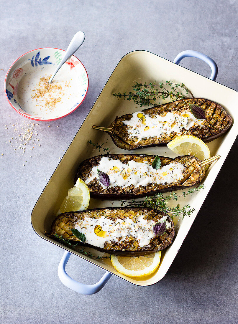 Oven grilled aubergines with yoghurt sauce