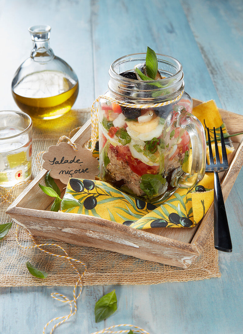 Nicoise salad in a glass jar