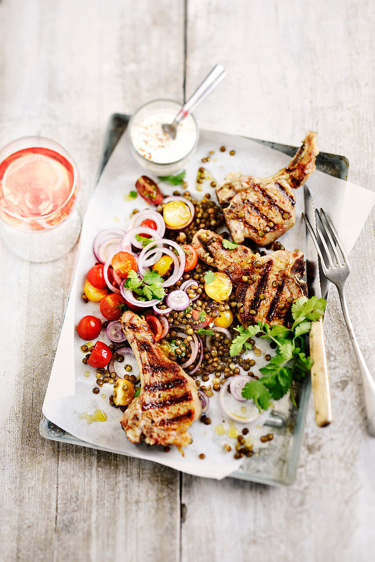 Grilled lamb chops with lentil salad