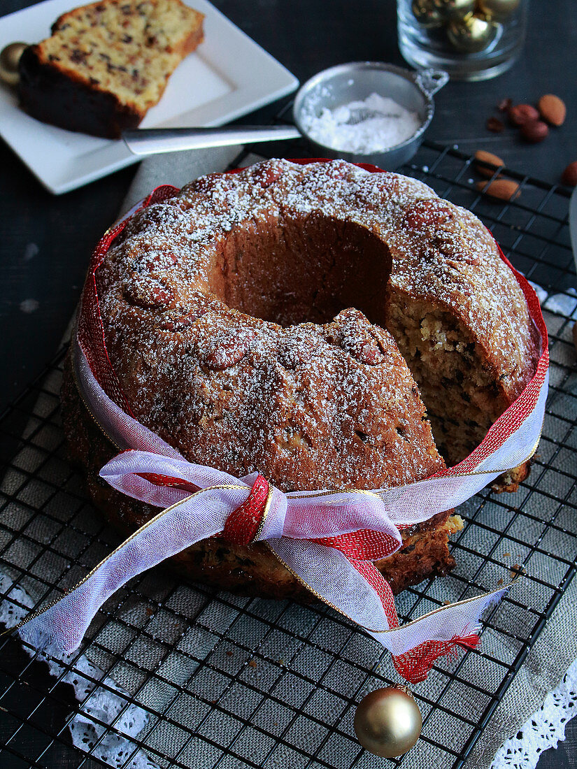 Christmas wreath cake with dried fruits and nuts