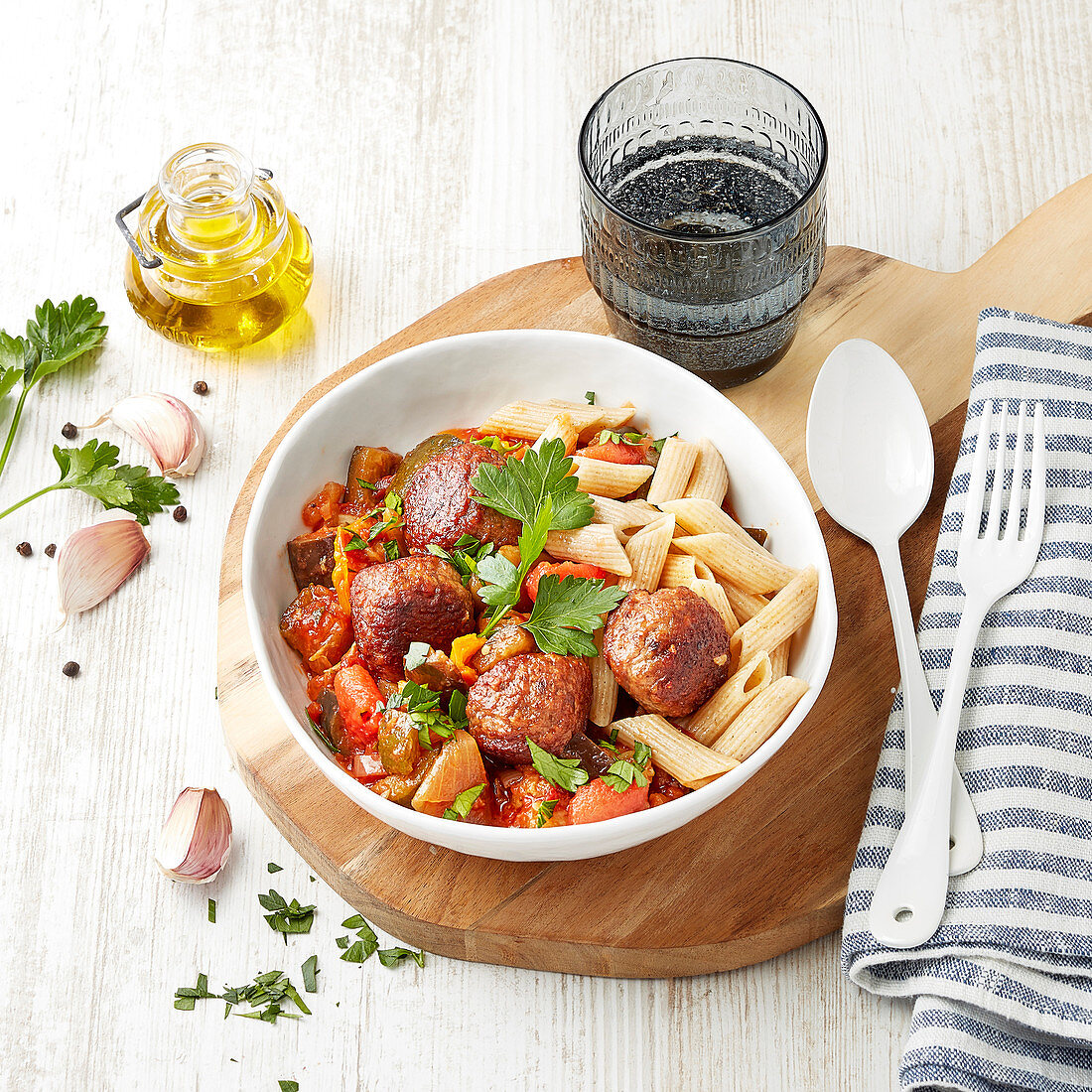 Meatballs with penne pasta and ratatouille