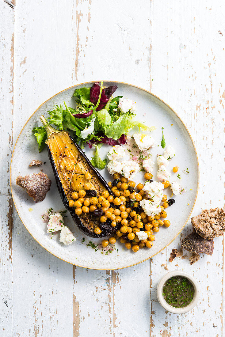 Fried aubergine with chickpeas and feta