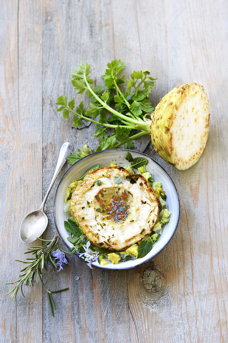 Oven roasted celeriac with herbs