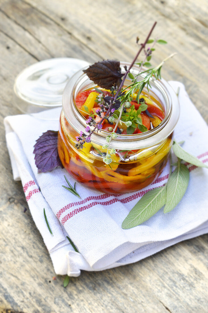 Marinated peppers with herbs and purple shiso