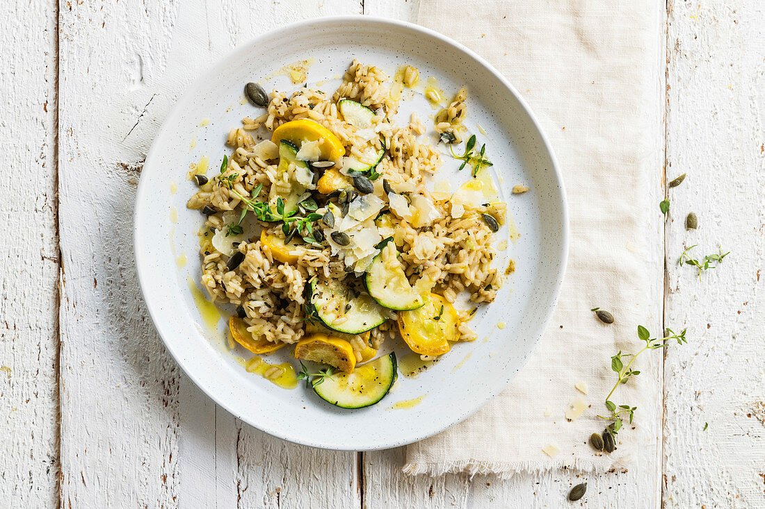 Courgette risotto with parmesan and pumpkin seeds
