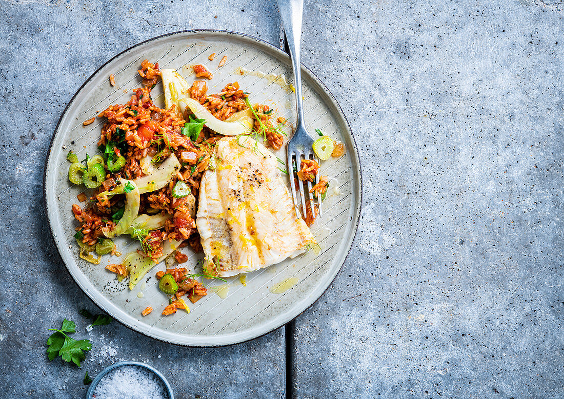 White fish fillet with tomato and fennel risotto