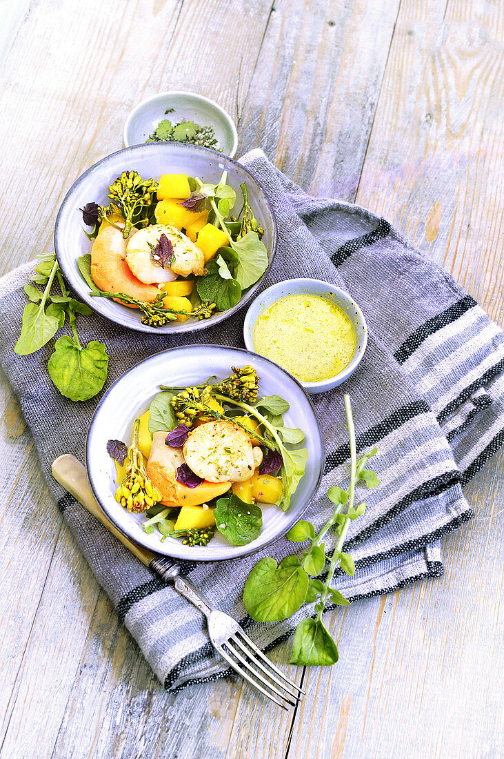 Jakobsmuscheln mit Brunnenkresse, Mango und Brokkoli