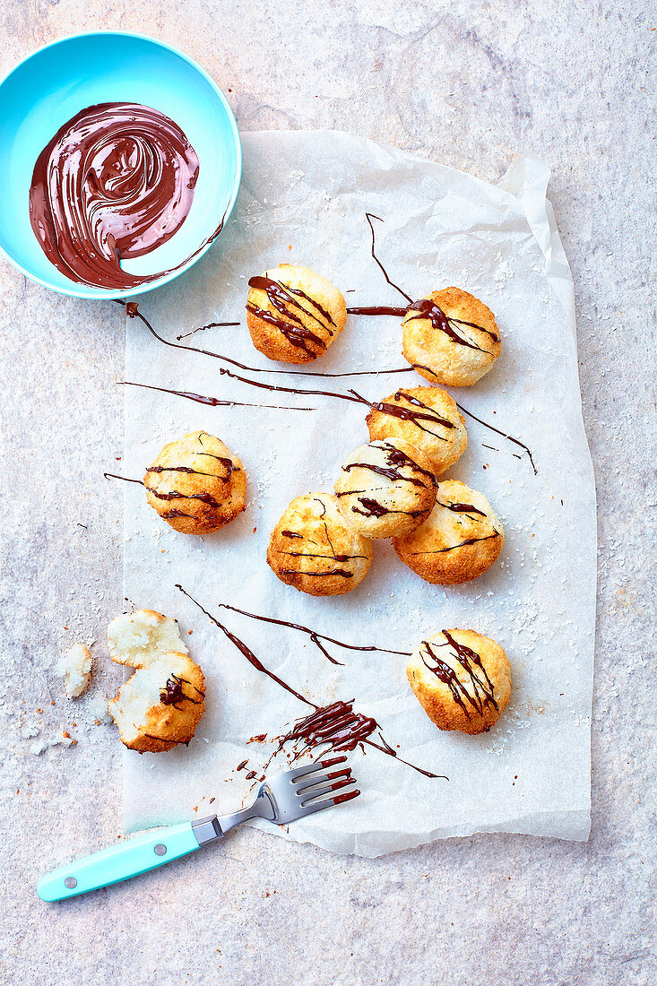 Coconut macaroons with chocolate icing