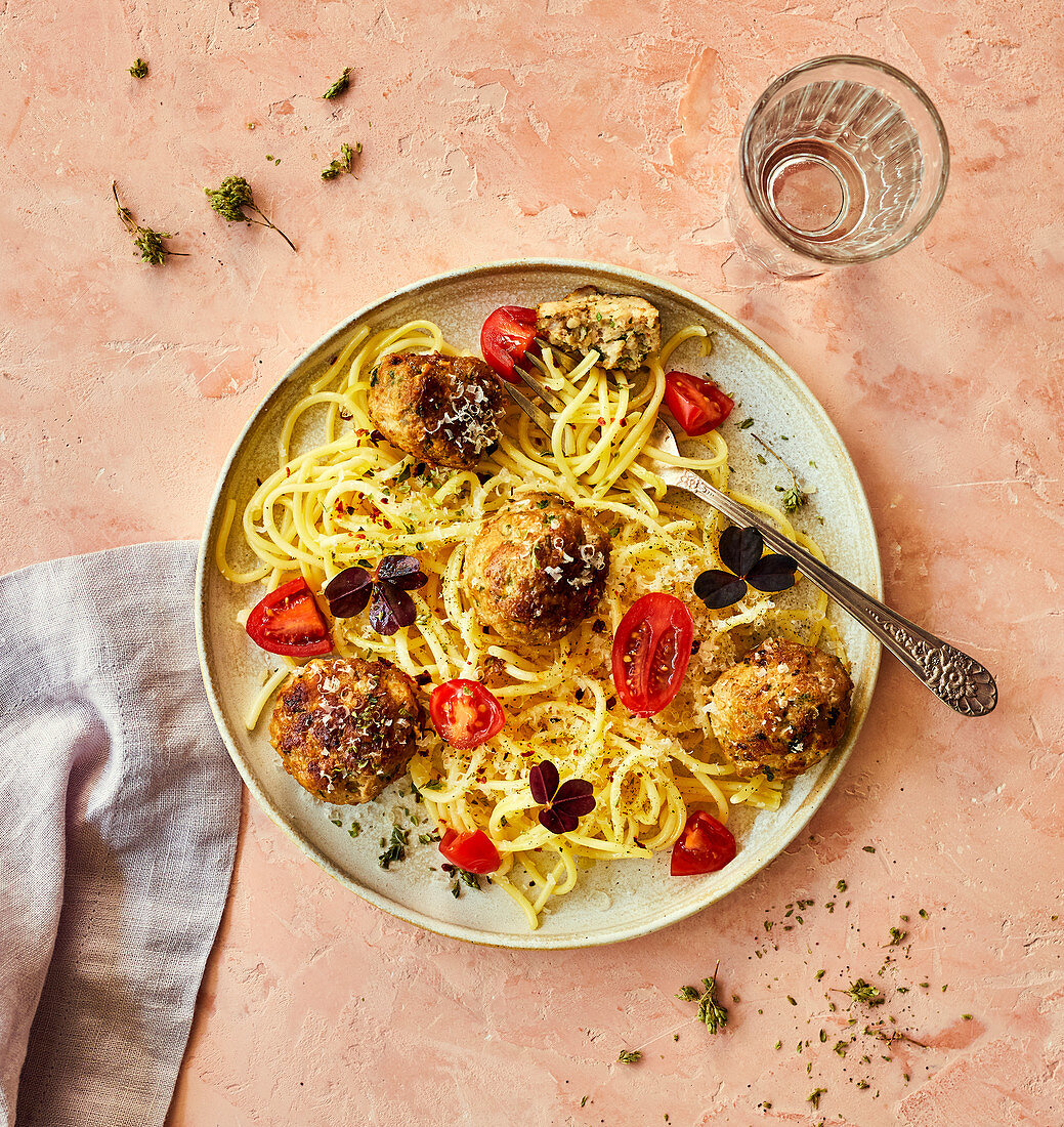 Garlic turkey balls on spaghetti