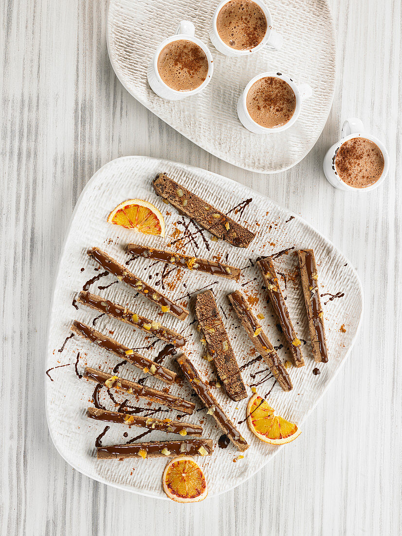 Chocolate biscuit strips with orange