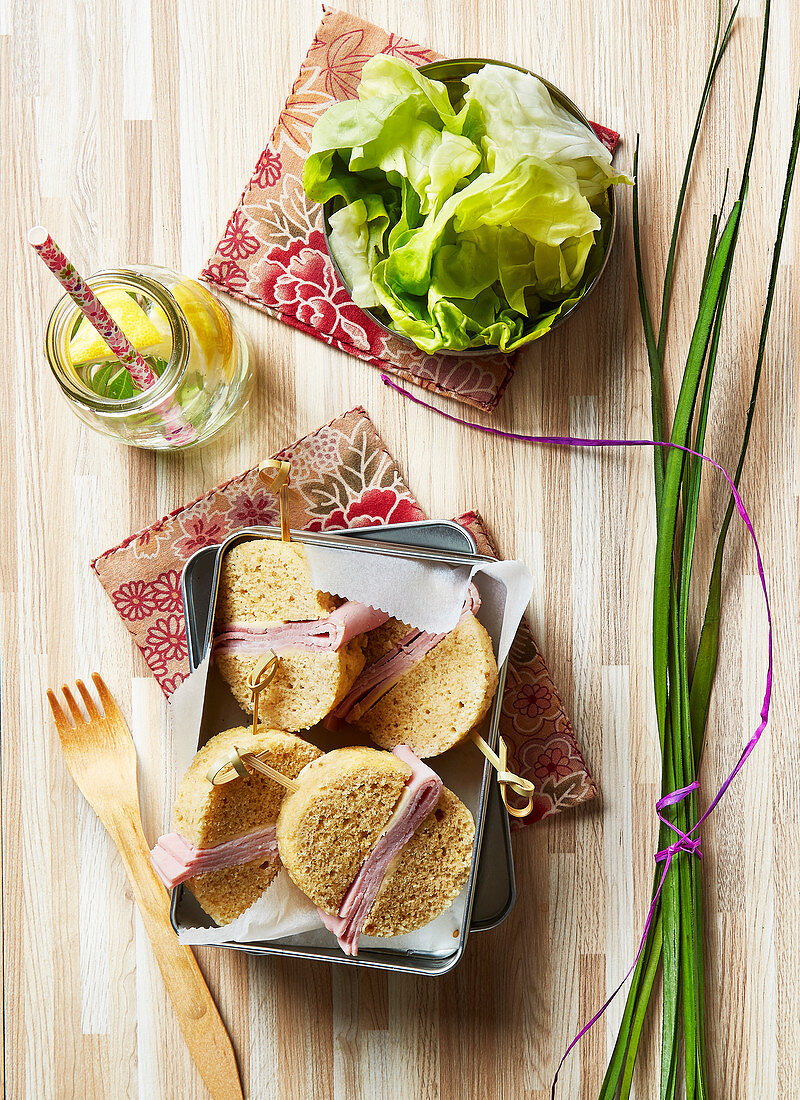 Ham sandwich in a bread tin