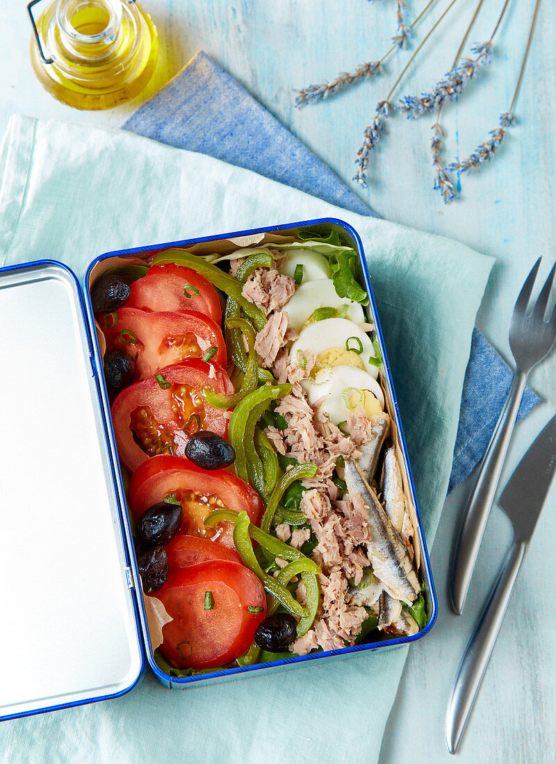Nicoise salad in a snack box