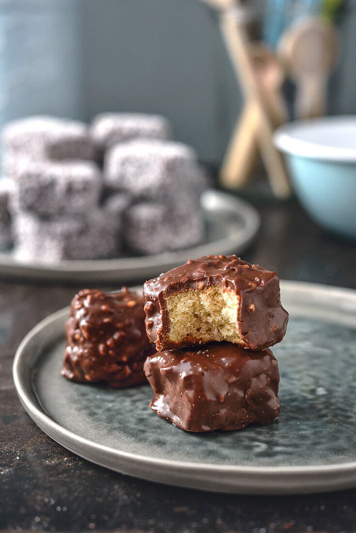 Cake cubes with chocolate icing