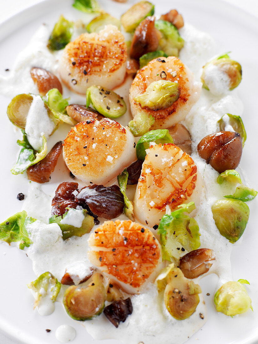 Nuts of scallops with Brussels sprouts and chestnuts