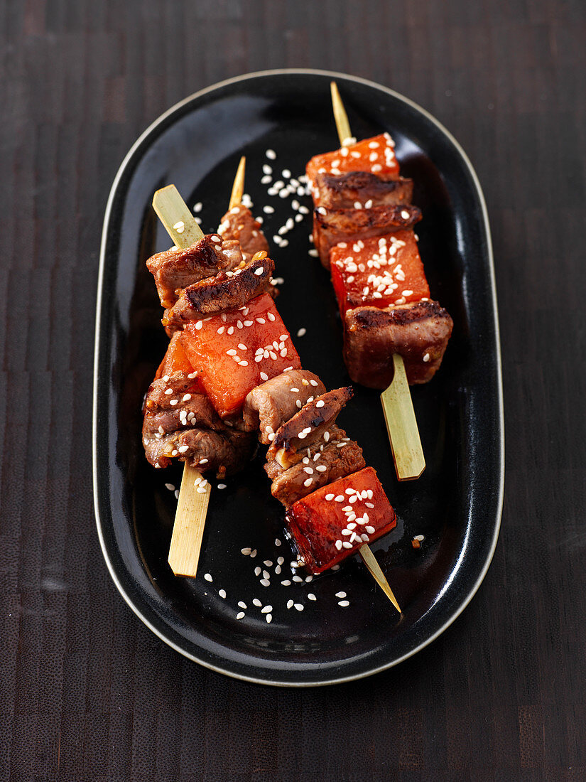 Grilled duck skewers with watermelon