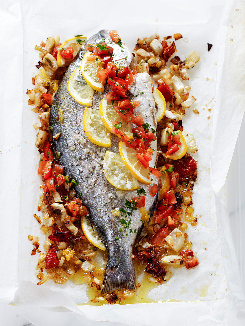 Stuffed gilthead with fennel, lemons and tomatoes