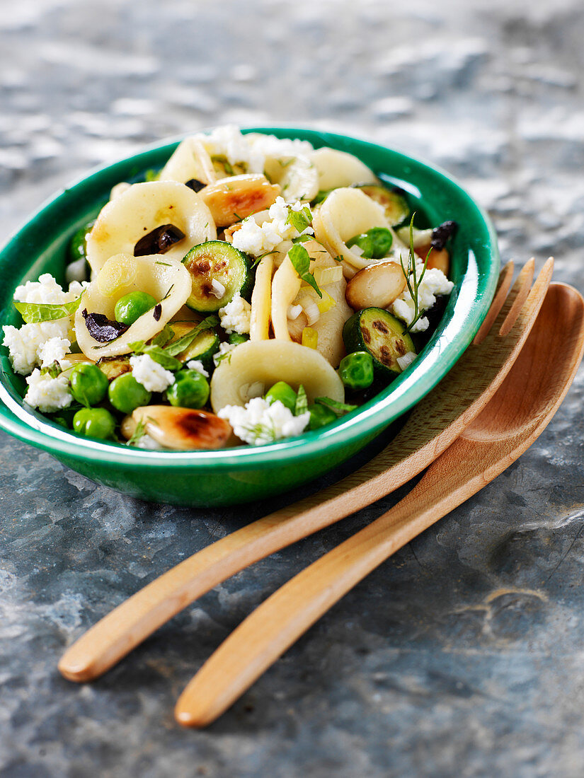 Pasta salad with orechiette, green vegetables and feta cheese