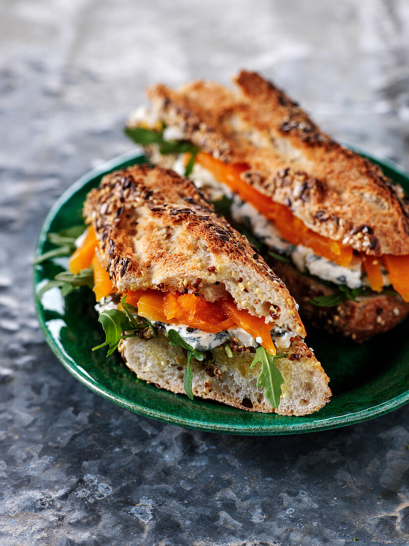 Baguette sandwichs with blue cheese, pumpkin and rocket