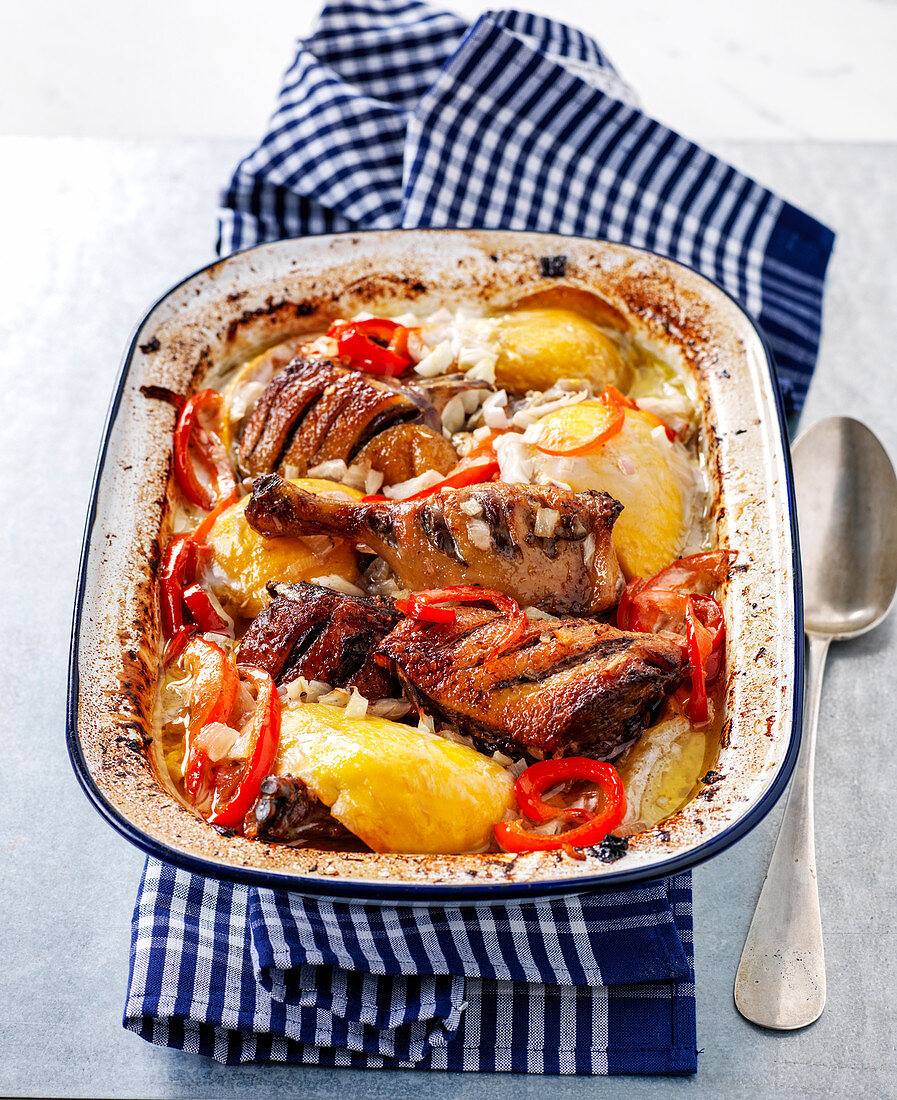 Duck with coconut milk, potatoes and peppers