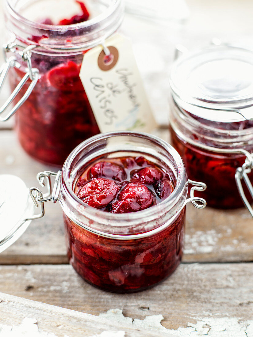 Cherry chutney in jars