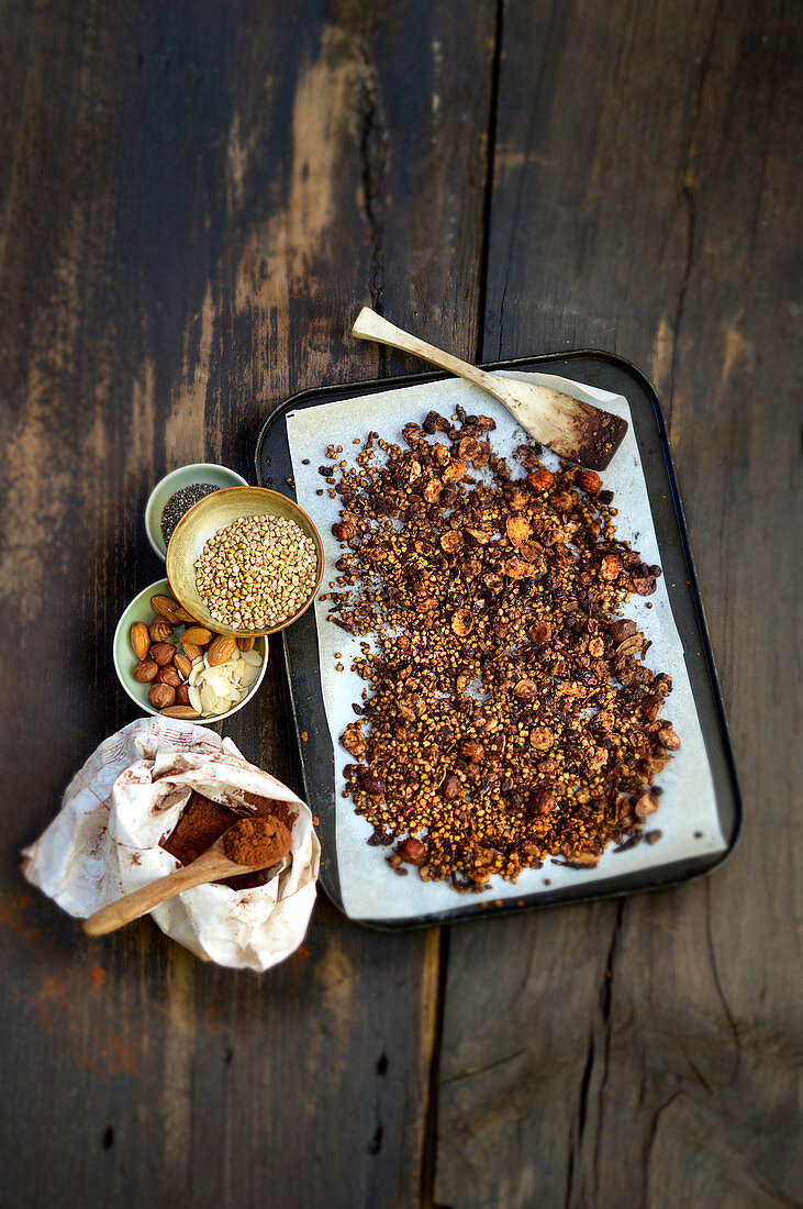 Homemade buckwheat and chocolate muesli with dried fruits