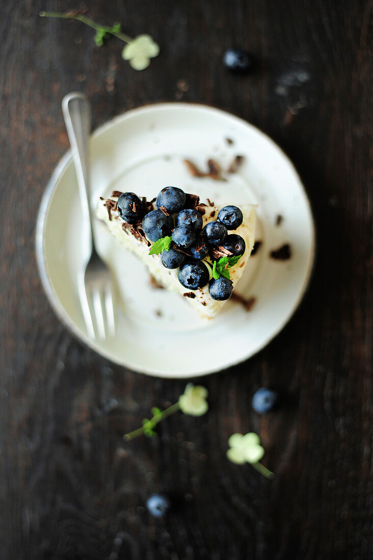 A slice of sponge cake with blueberries