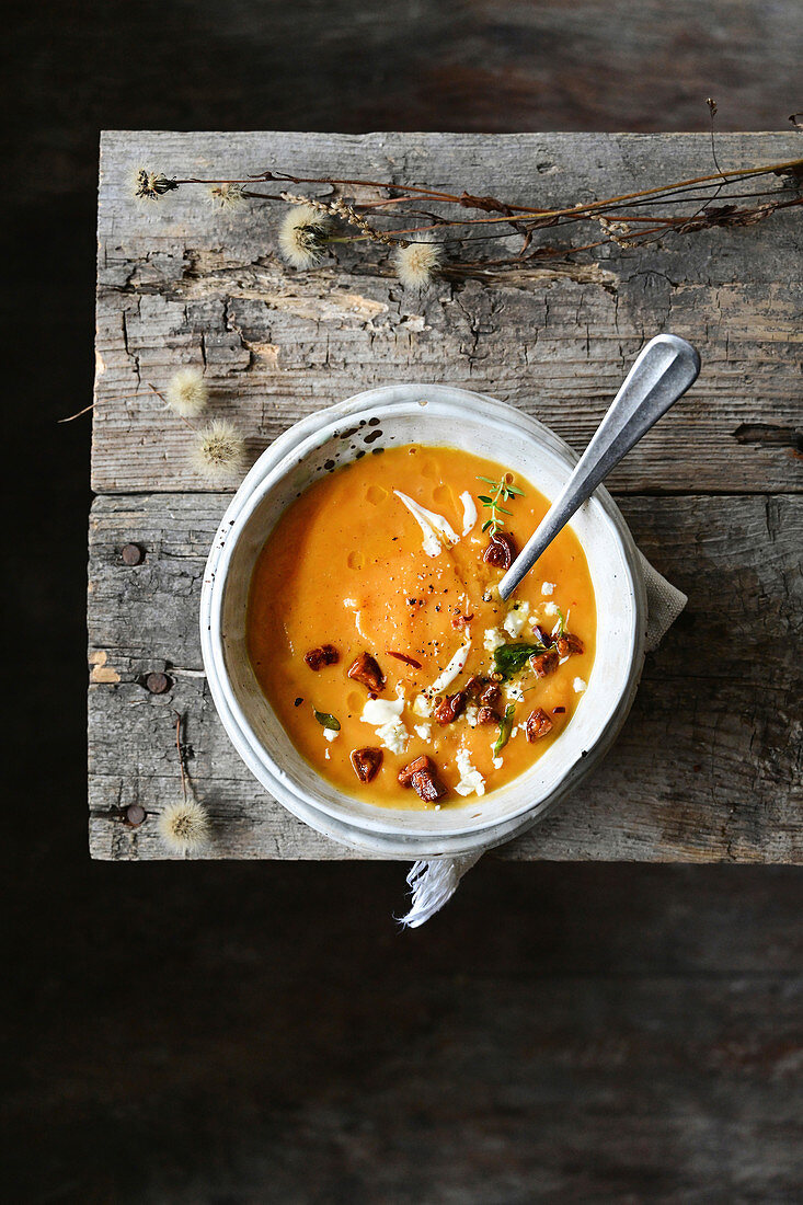 Pumpkin soup with chorizo