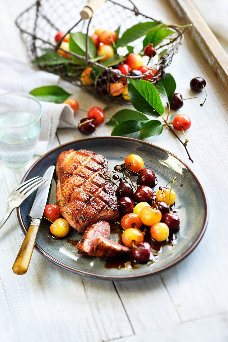 Duck breast with 2 types of cherries,balsamic vinegar and honey