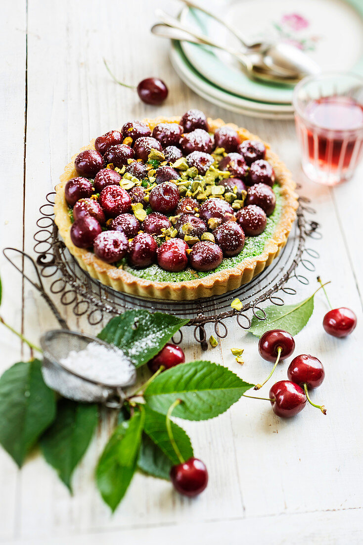 Pistachio cream and cherry tart