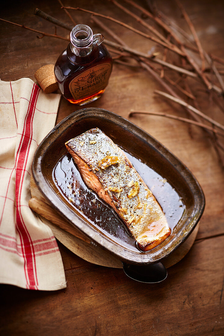 Salmon steak with maple syrup, Canadian specialty