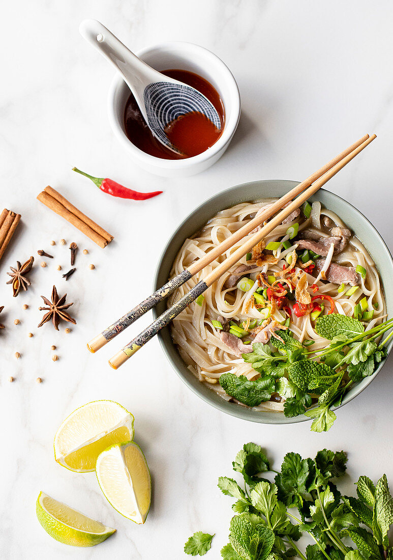 Pho-style spicy beef and noodle soup