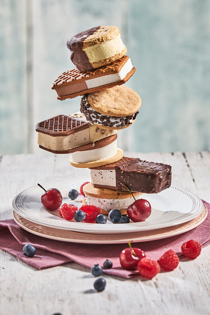 Tower of different ice cream sandwiches