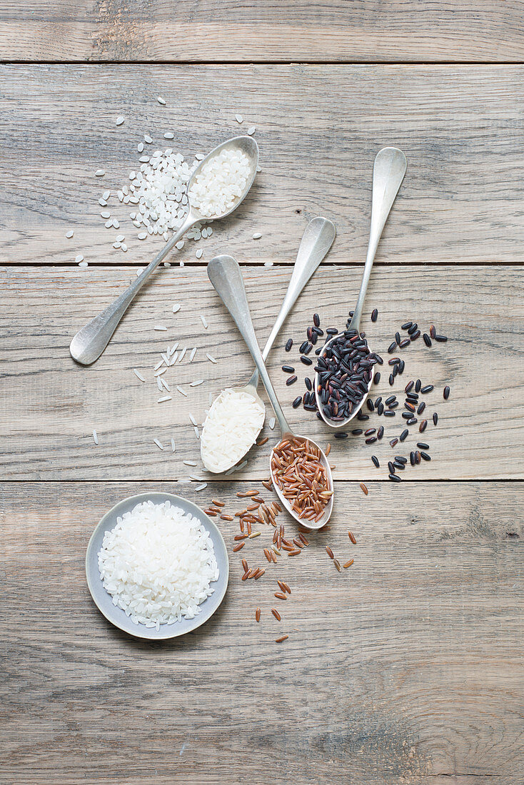 Different kinds of rice on spoons and in bowls