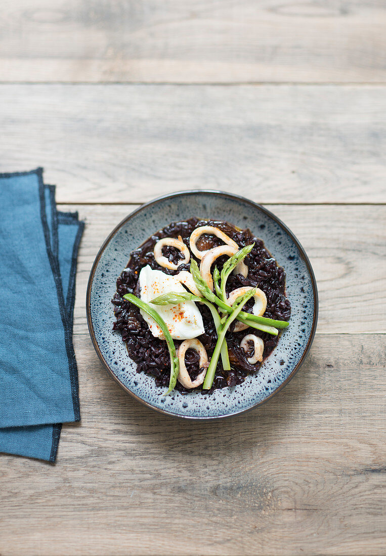 Venere (black wholemeal rice) with squid and wild asparagus