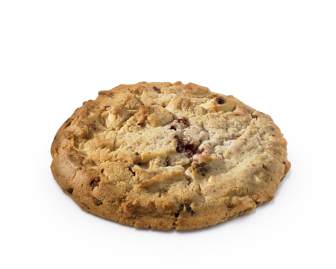 Ein Chocolate Chip Cookie vor weißem Hintergrund