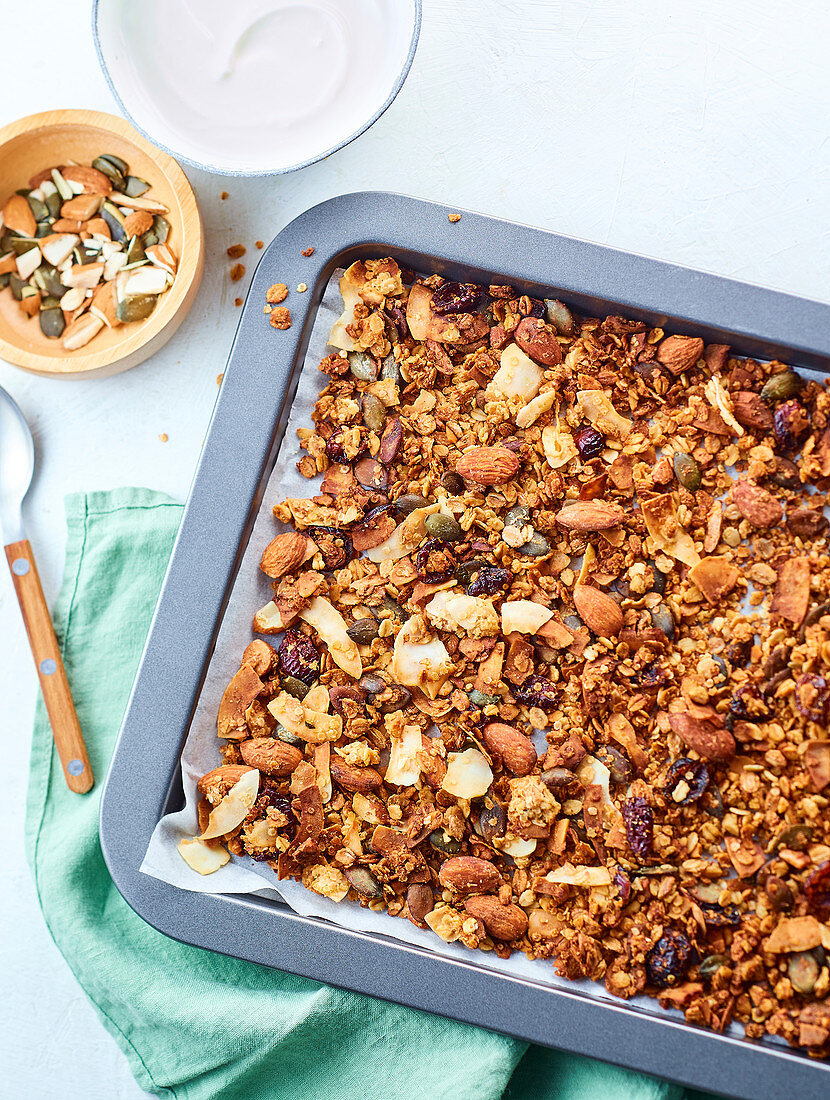 Granola on baking sheet