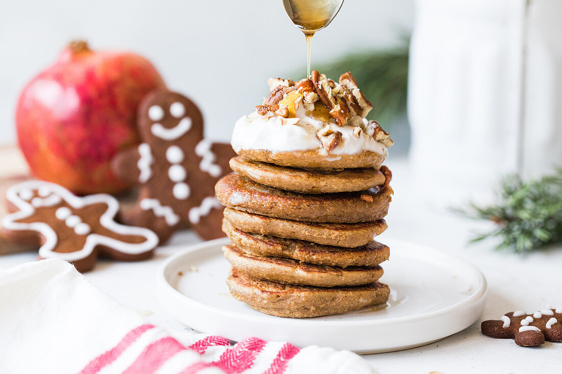 Stack of mini ginger, walnut and honey pancakes