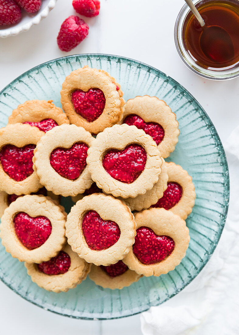 Heart-shaped raspberry biscuits