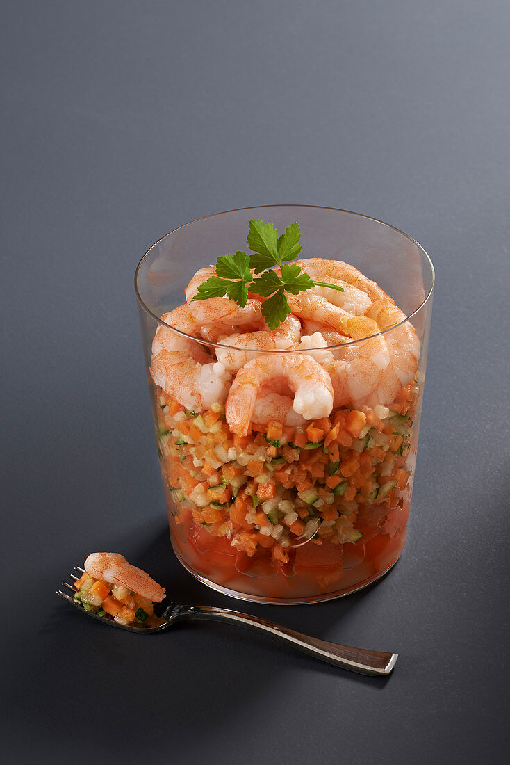 Glass of vegetables and shrimps