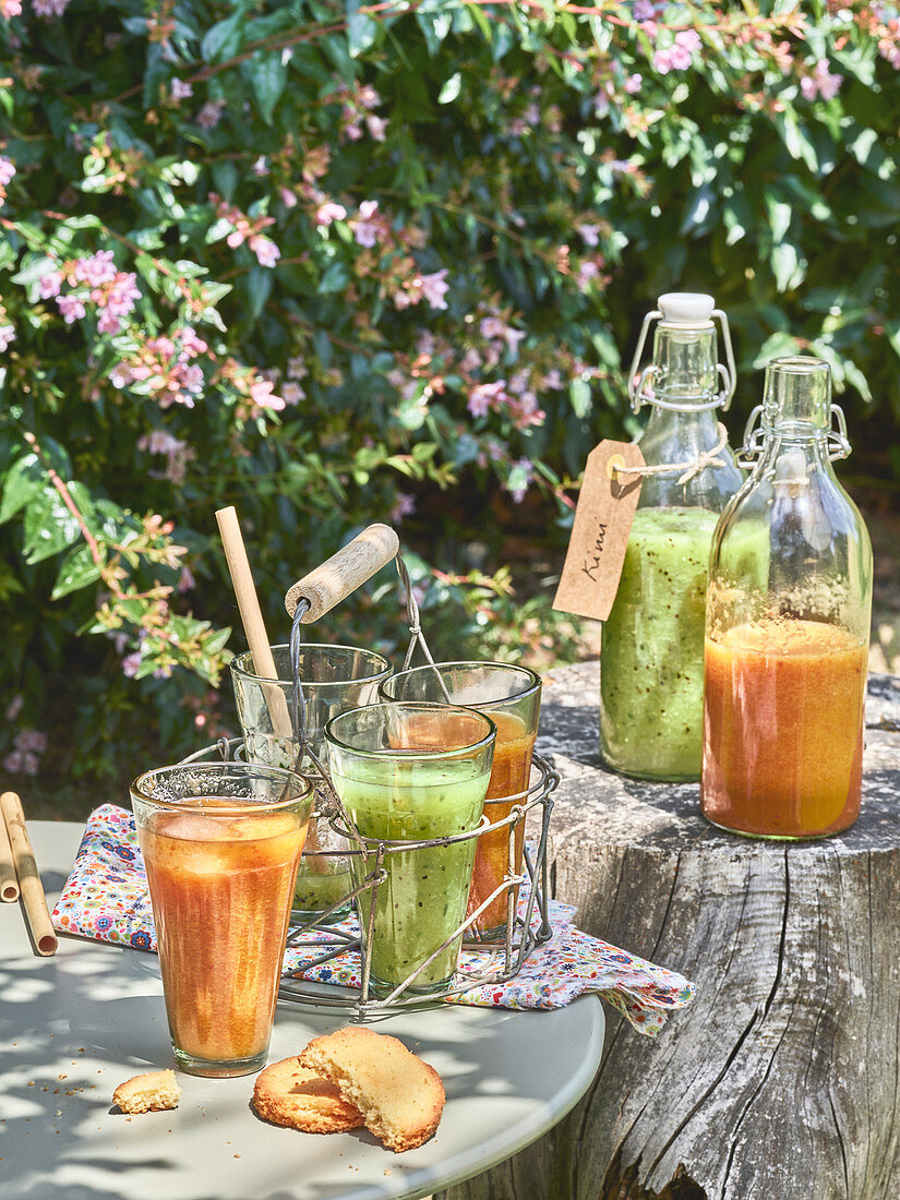 Assortment of fresh smoothies outdoors