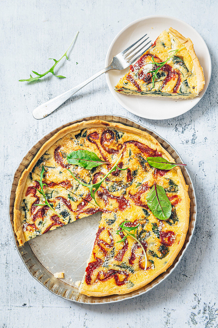Bell pepper,spinach,beetroot tops and potato quiche
