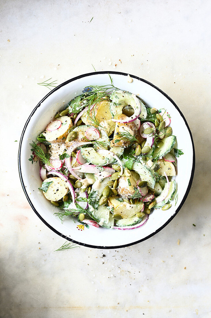 Salad composed of potatoes, cucumber, radishes, capers and onions