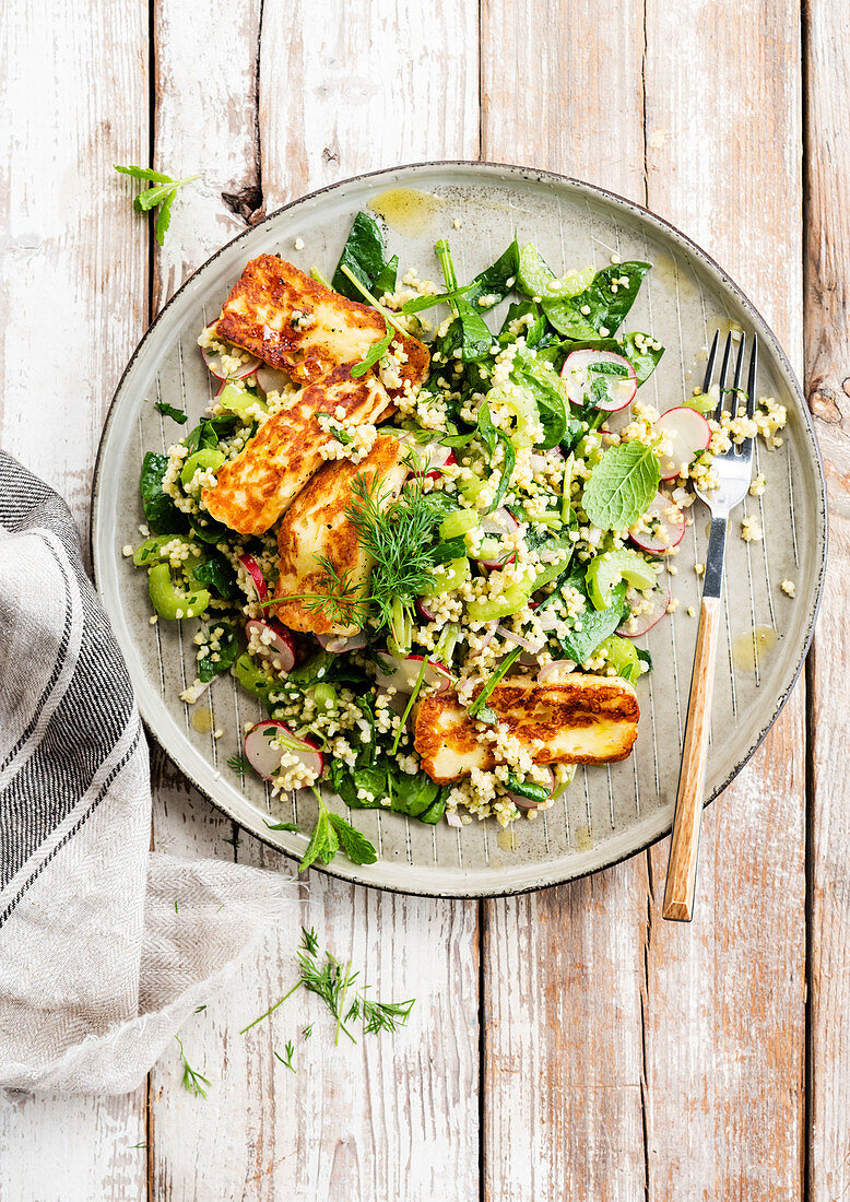 Spicy spring tabbouleh with grilled halloumi