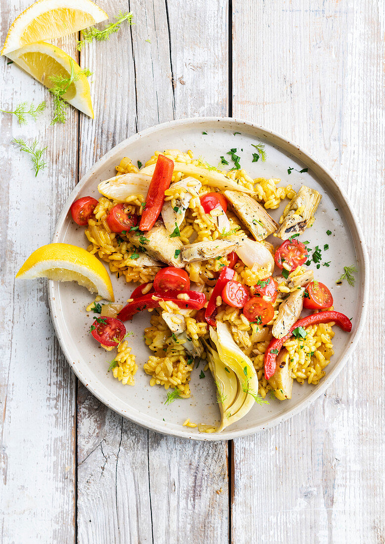 Vegetarian paella with fennel, paprika and saffron