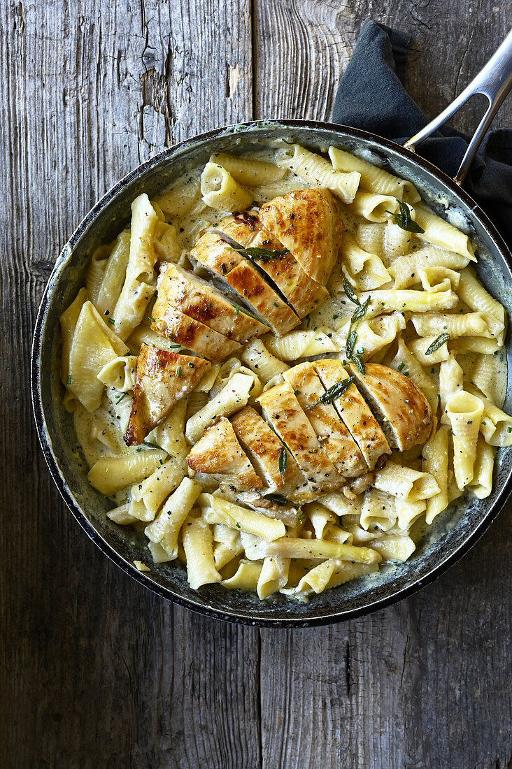 Chicken breast with creamy tarragon sauce and pennes